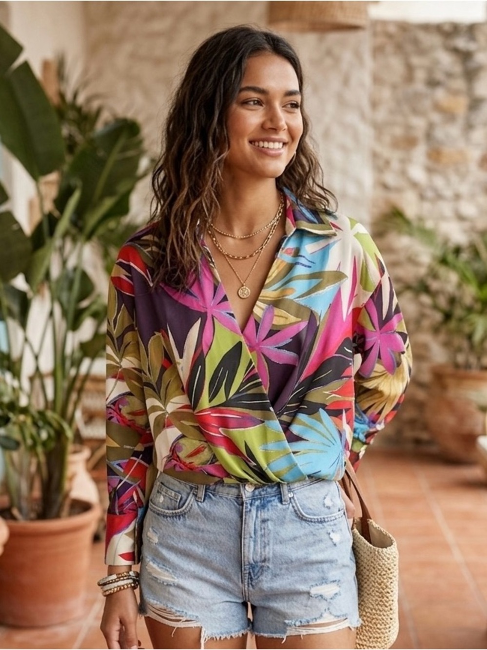 Zara Vibrant Tropical Blouse in Pink, Blue, Green